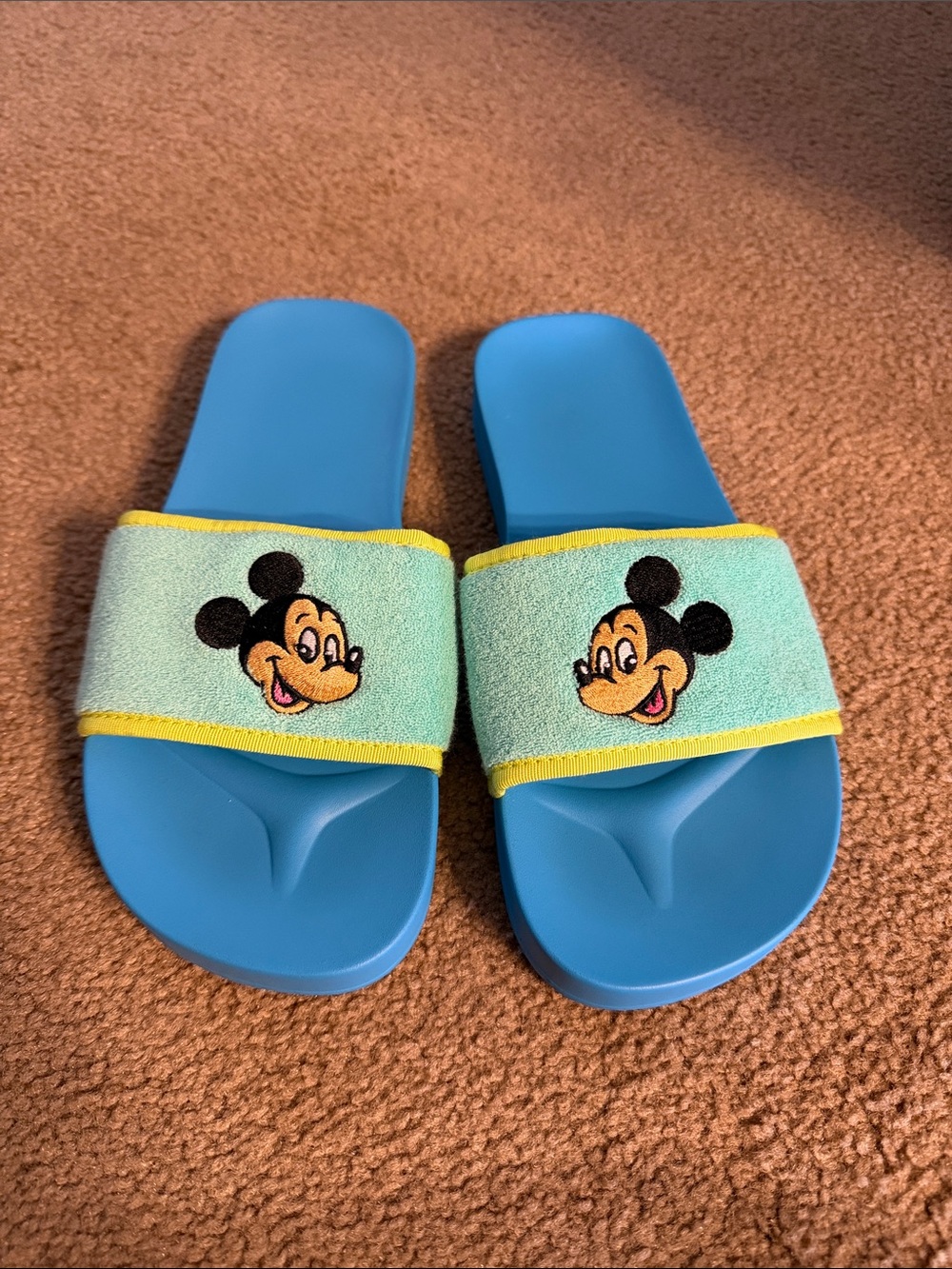 Disney Blue Slide Sandals with Mickey Patch and Yellow Trim - Unisex NWOT